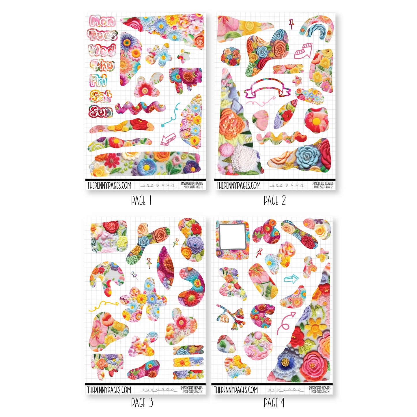 Mixed Journal Pages - Embroidered Flowers