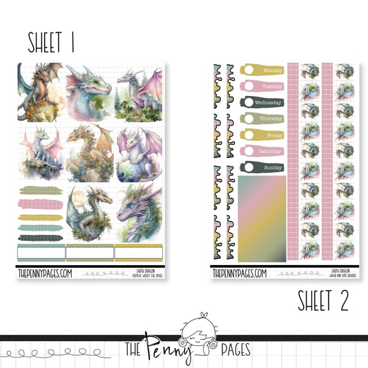 a sheet of stickers with a picture of a dragon