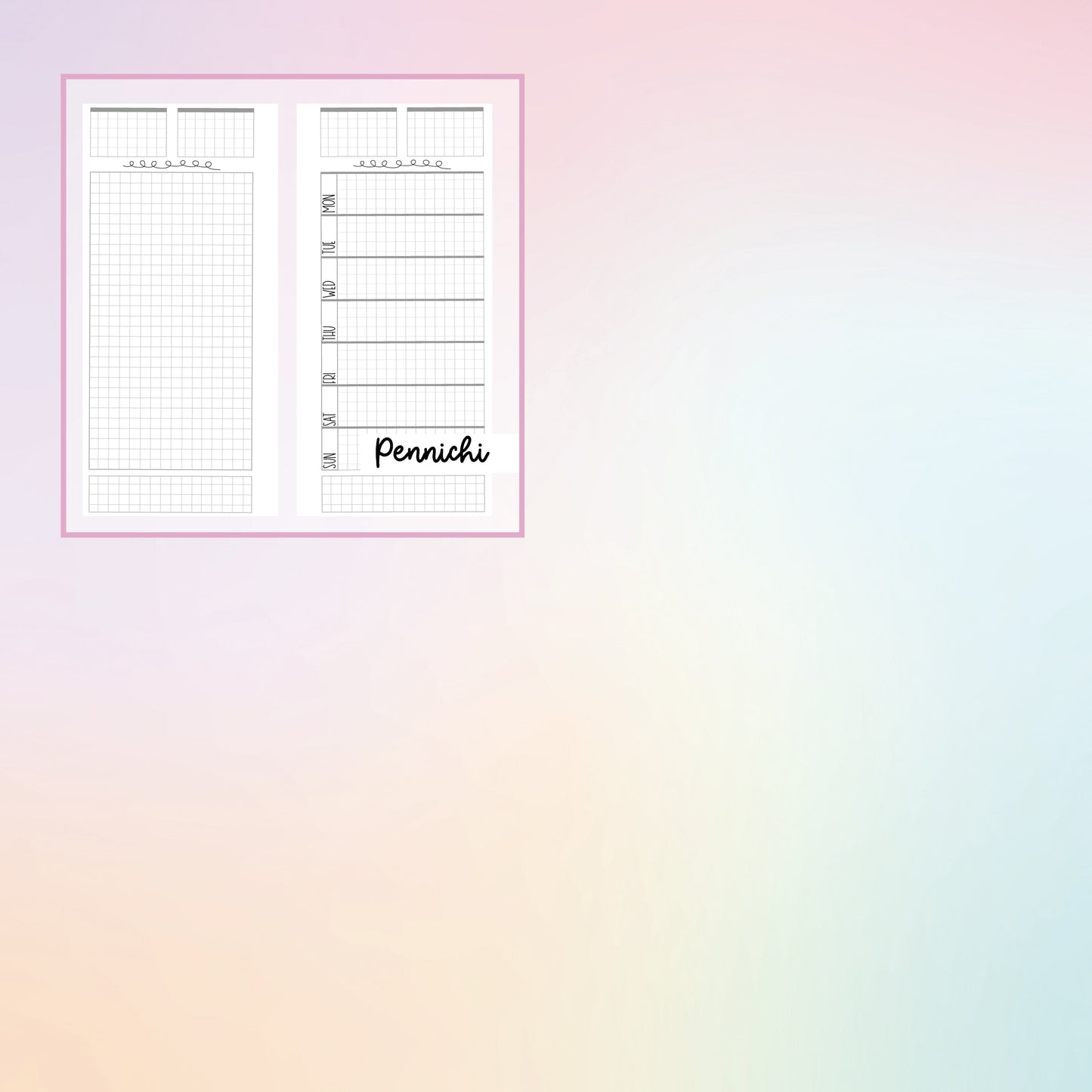 a pink and blue background with a planner