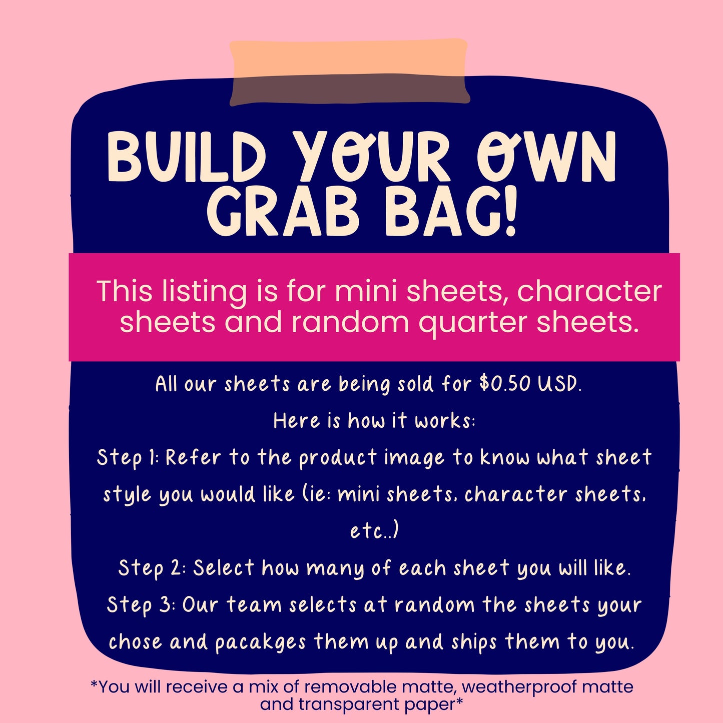 Mini Sheets, character sheets and random quarter sheets - Build your own grab bag.