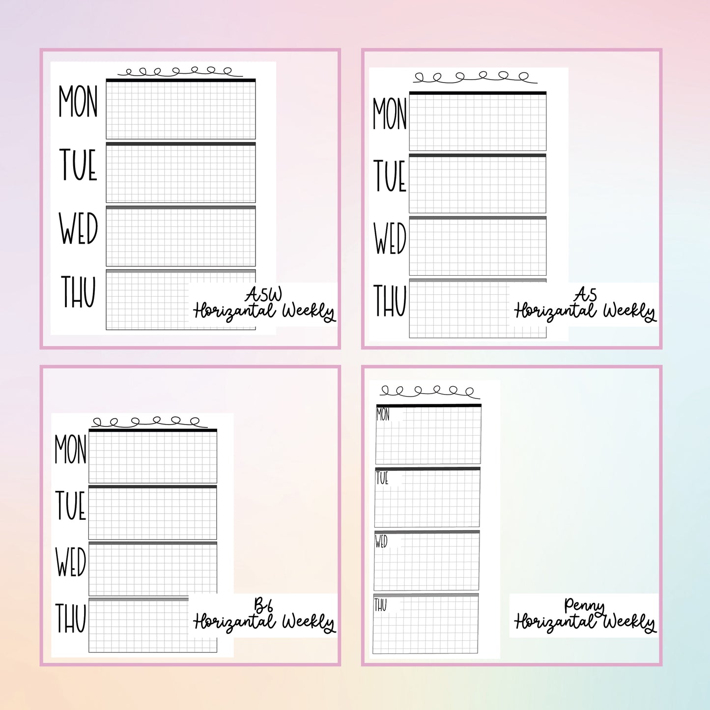 a set of four printable planner pages