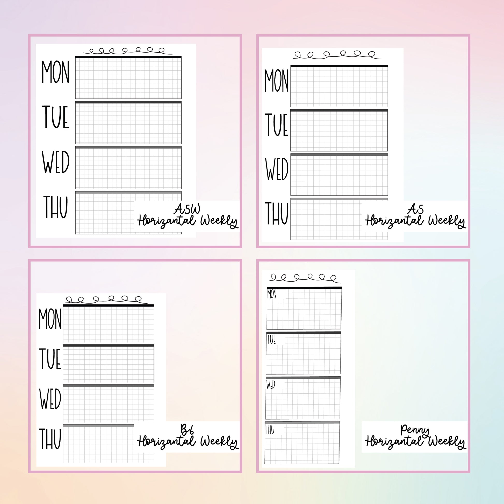 a set of four printable planner pages