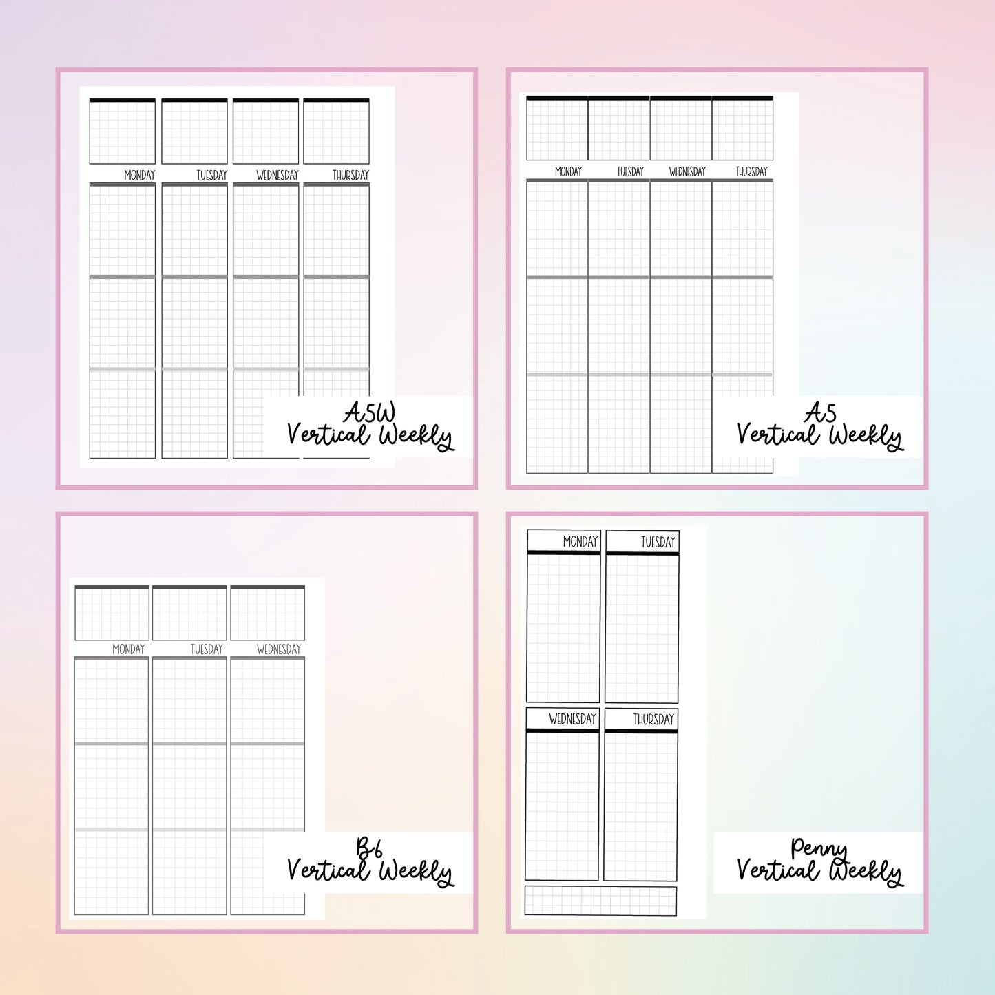 the printable planner pages are lined up in four rows