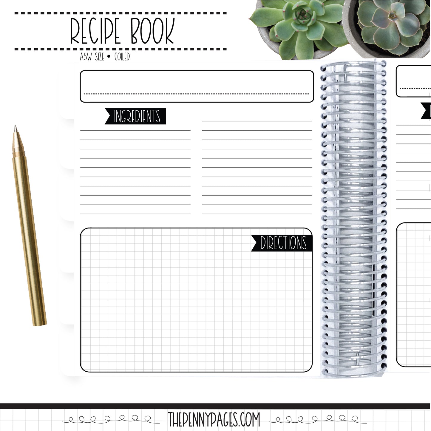 The image is a recipe book with a grid layout and a pen, featuring a pen and a succulent plant.