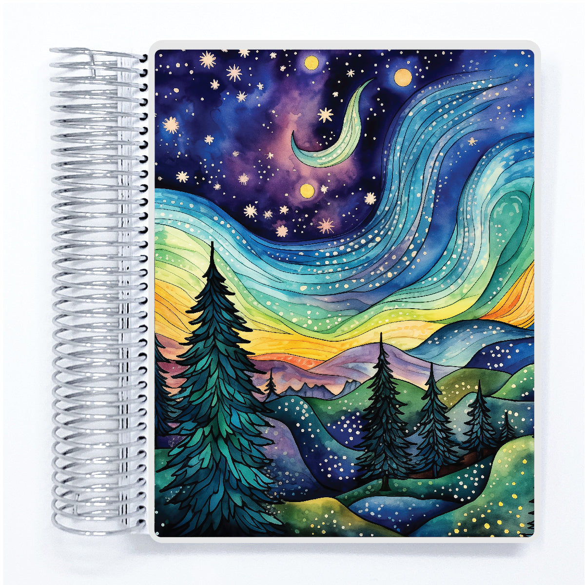 a spiral notebook with a painting of a night sky