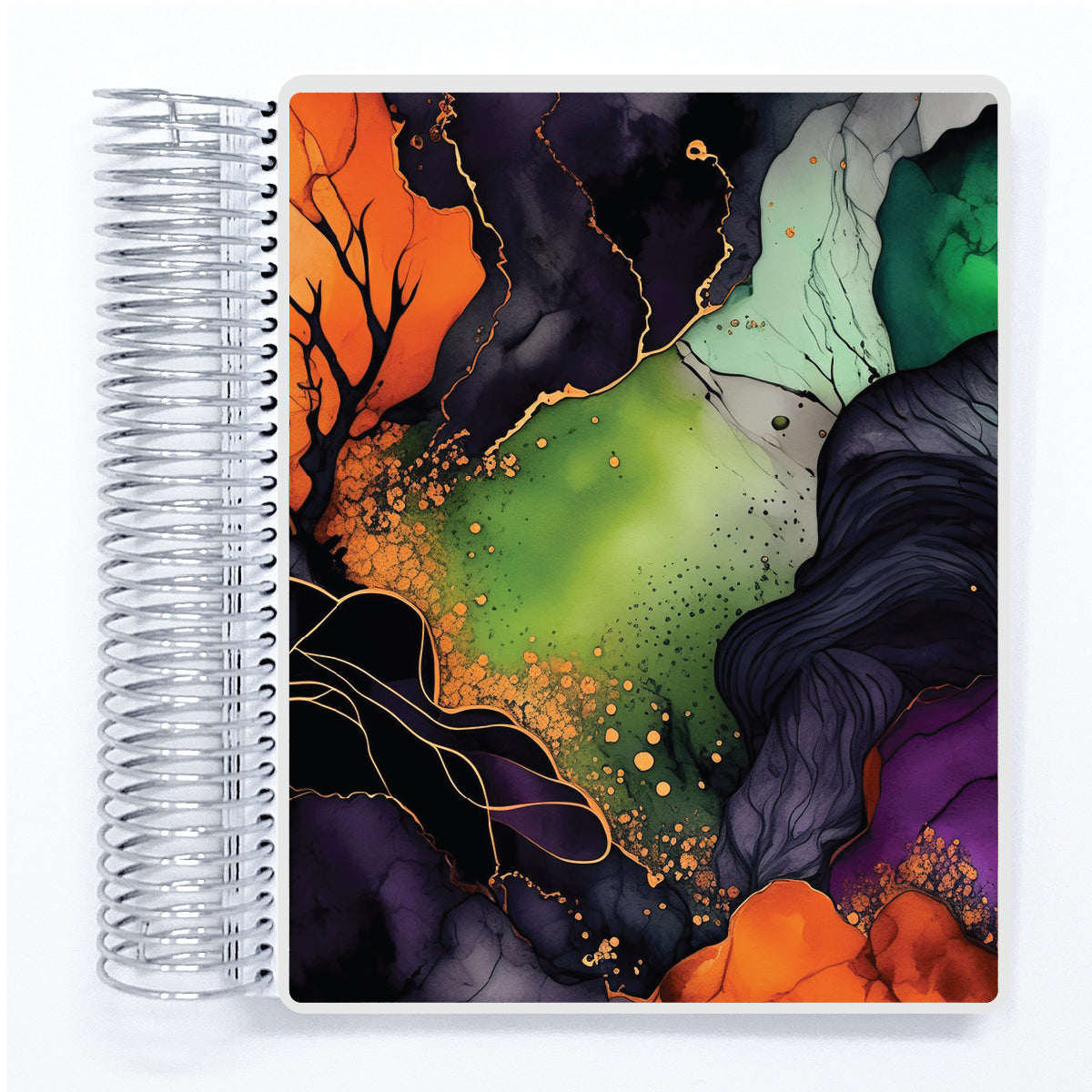 a spiral notebook with an abstract painting on it