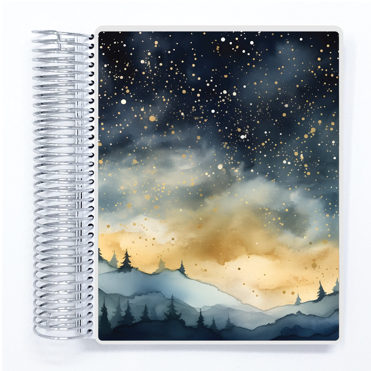 a spiral notebook with a painting of a night sky