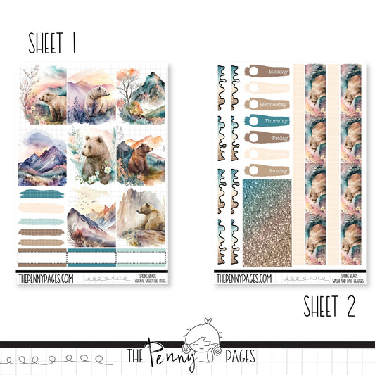 a sheet of stickers with a bear and mountain scene