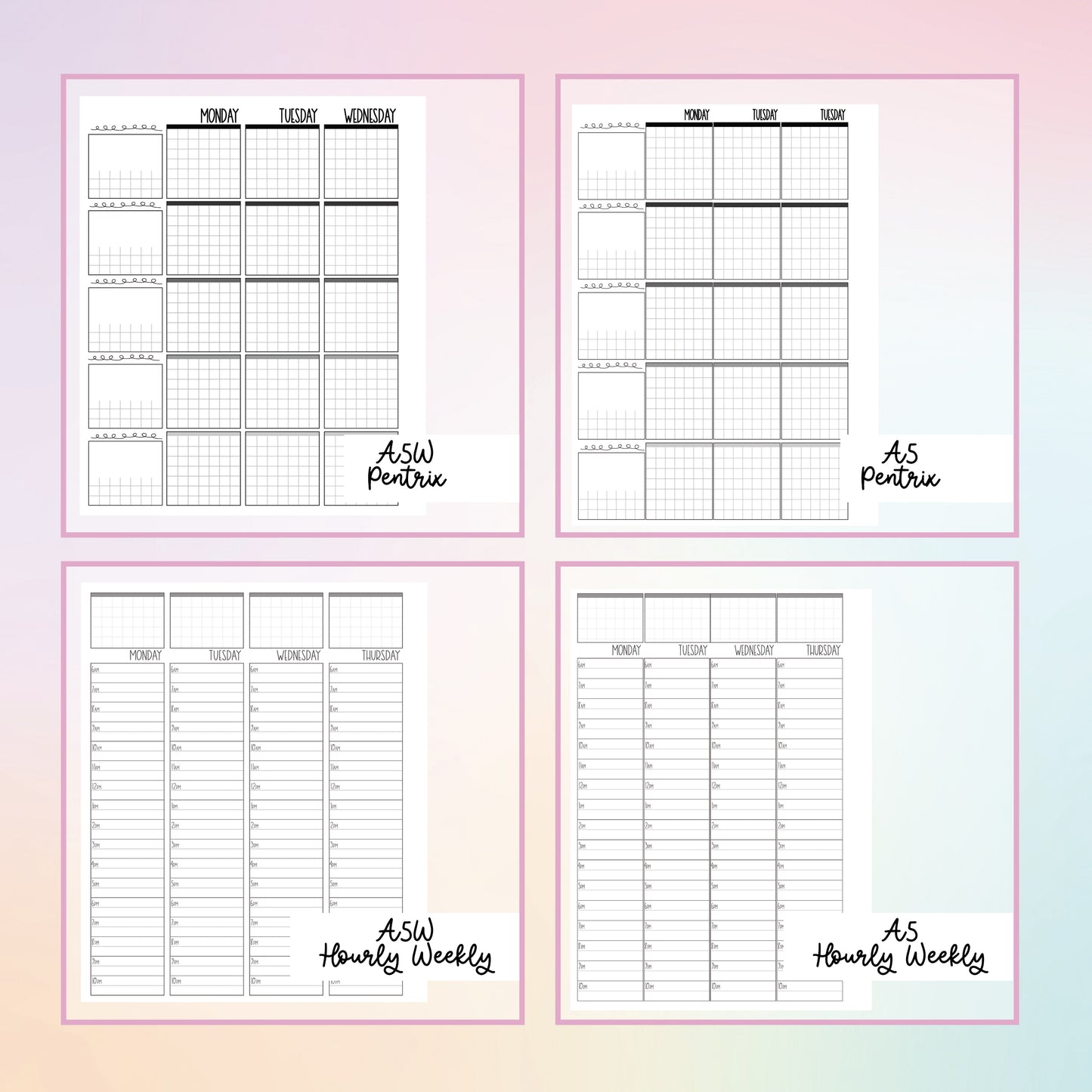 a set of four printable planner pages