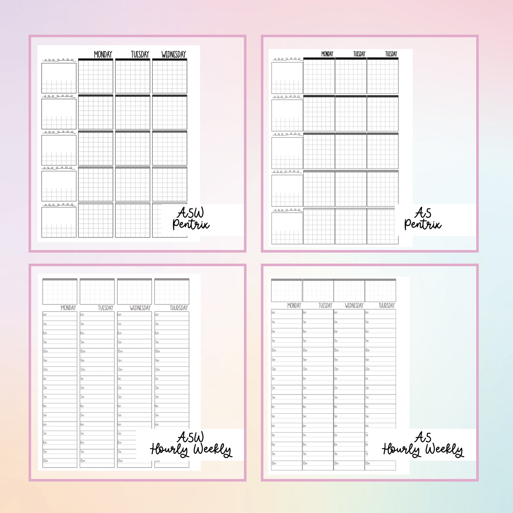 a set of four printable planner pages