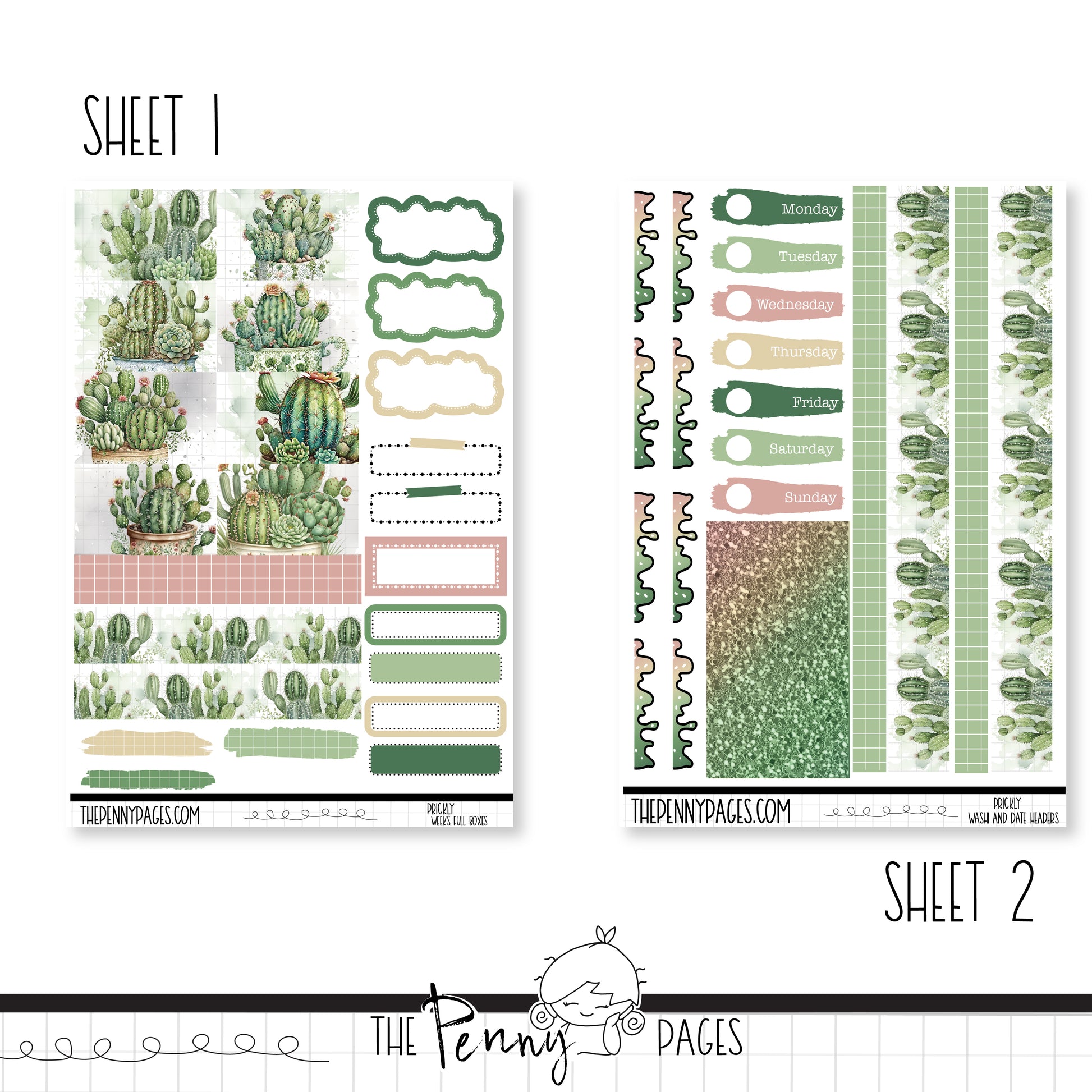 a sheet of stickers with a cactus theme