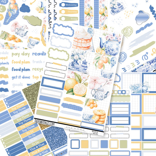 a variety of blue and yellow stickers