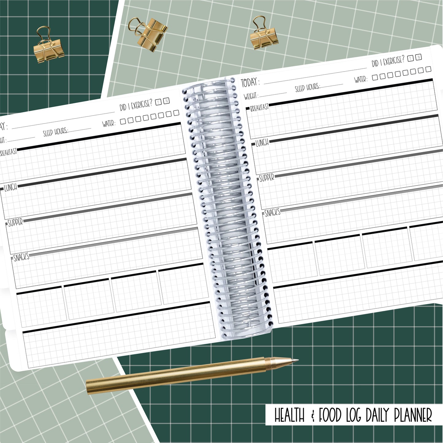 Gold & Green - A5 Wide - Health & Food Log Daily planner