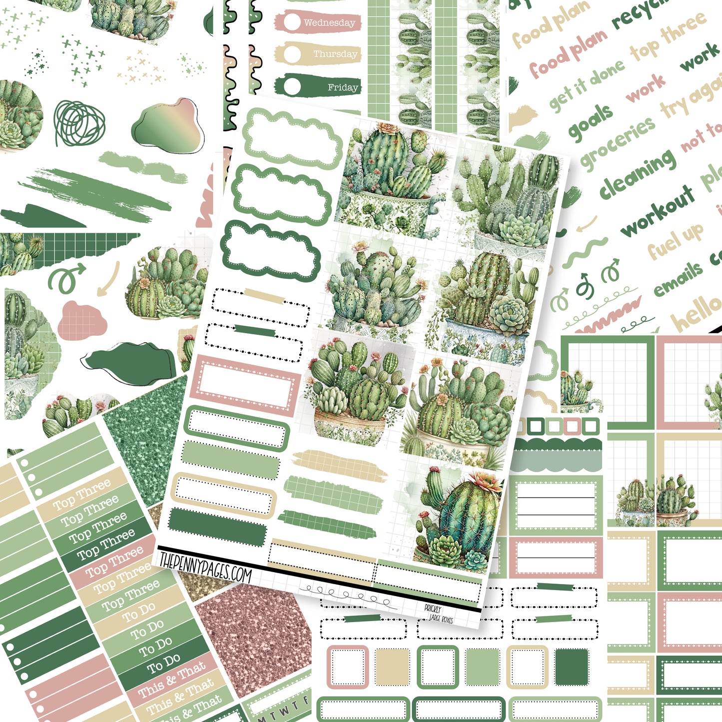 a variety of planner stickers with a cactus theme