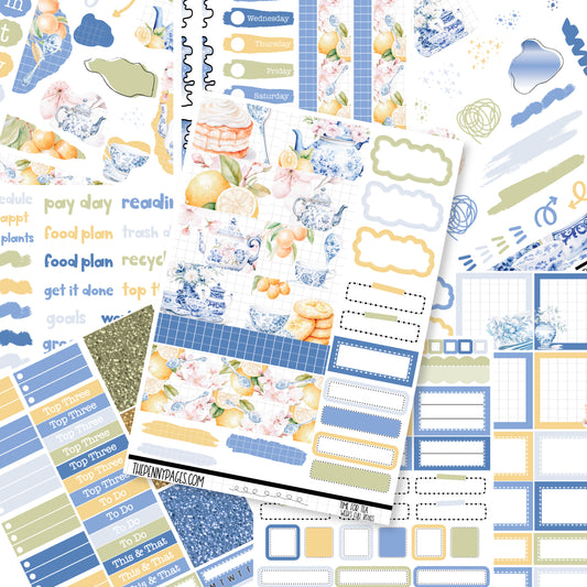 a variety of planner stickers with flowers and clouds