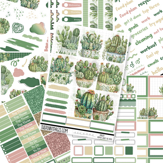 a variety of cactus stickers on a white surface