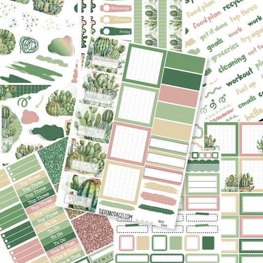 a variety of planner stickers with a cactus theme