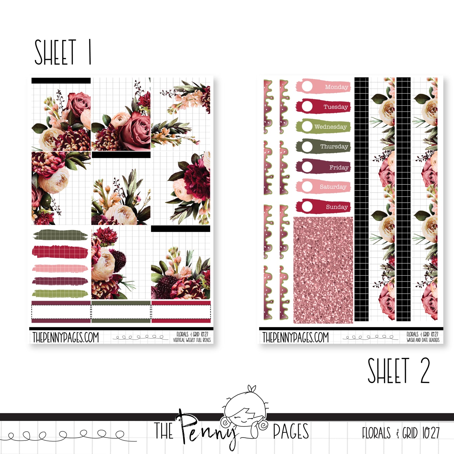 #1027 Florals & Grid - Weeks vertical weekly kit