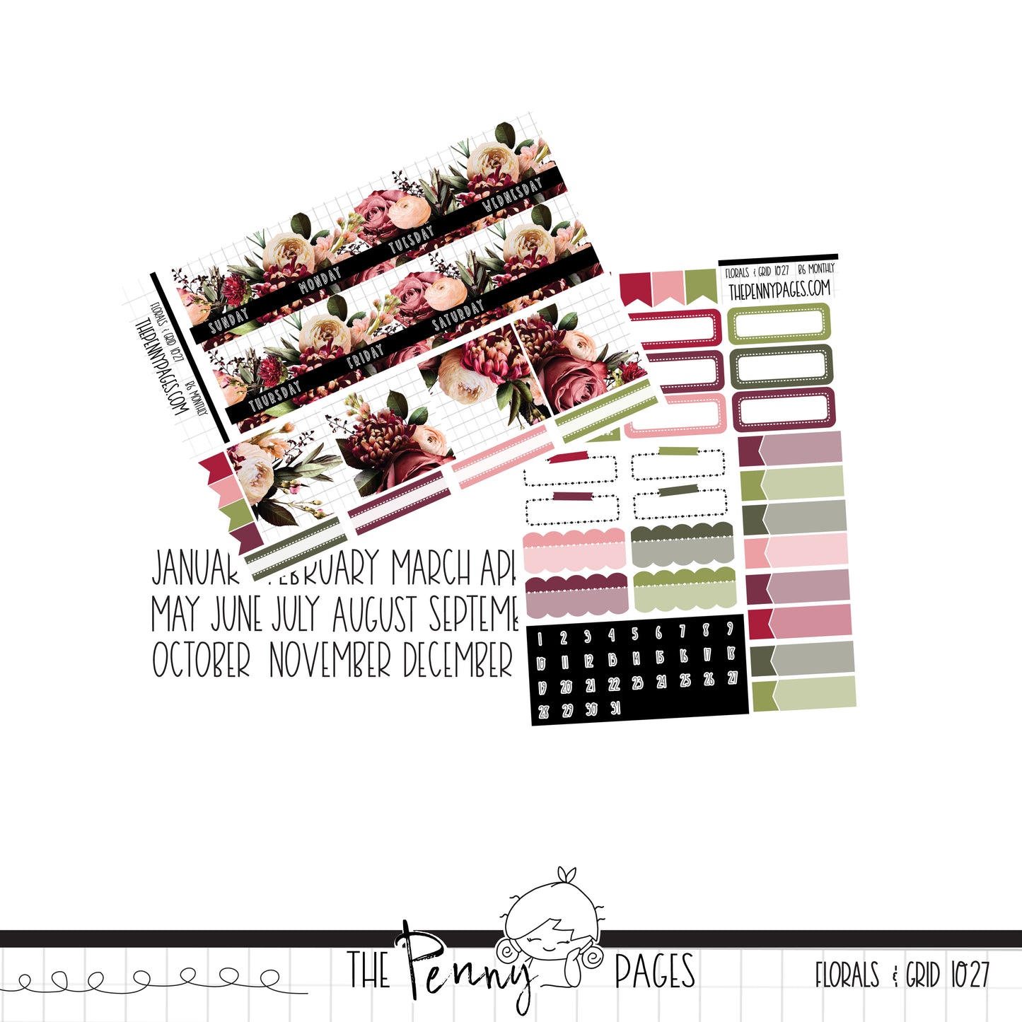 #1027 Florals & Grid - Various Size Monthly kit